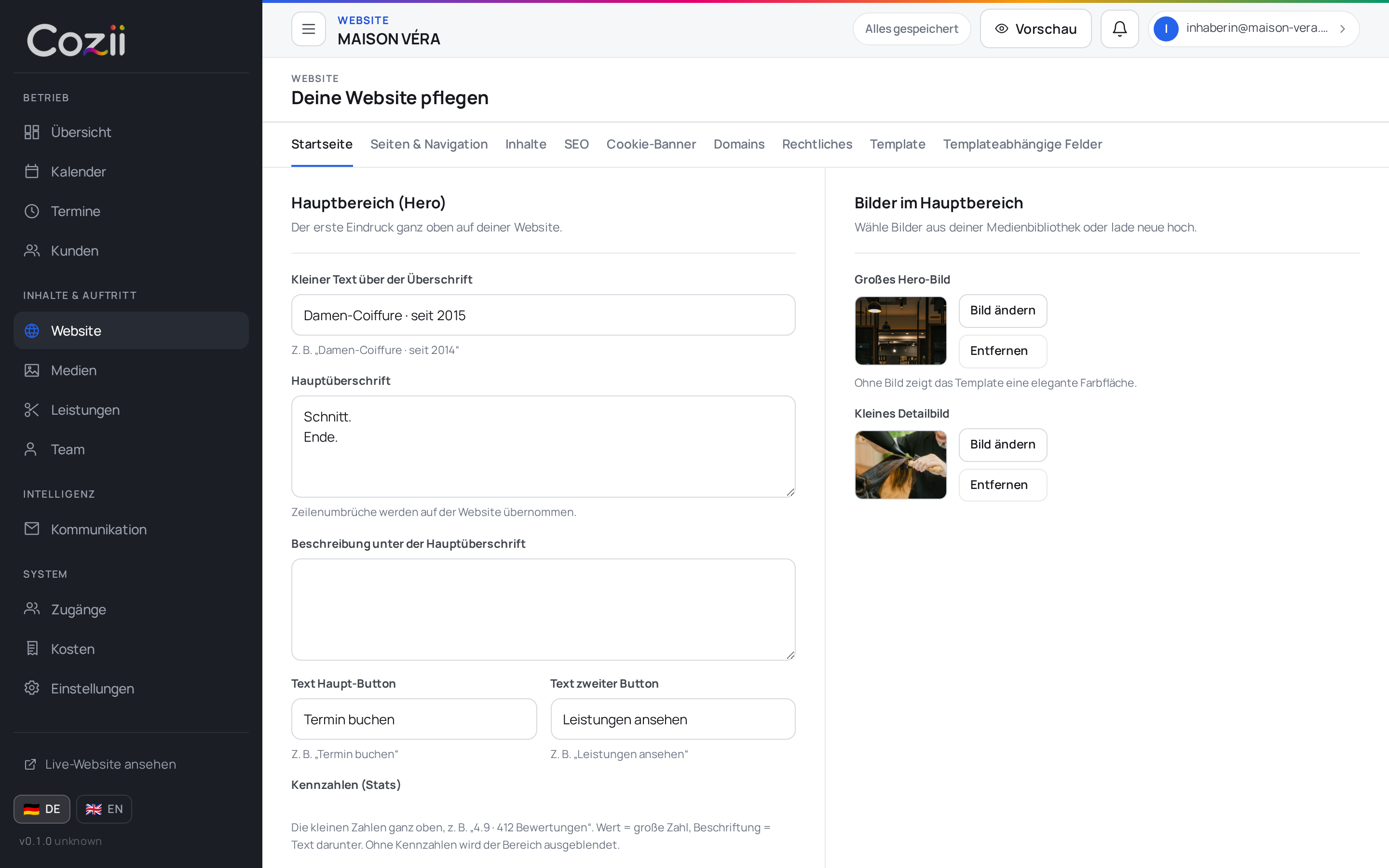 Website-Inhalte im cozii Salon-Portal bearbeiten